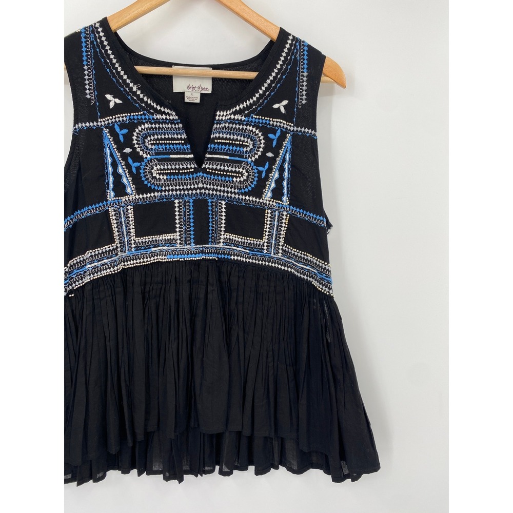 Anthropologie Chloe Oliver Tank Top L Black Embroidered Peplum Sleeveless V-Neck